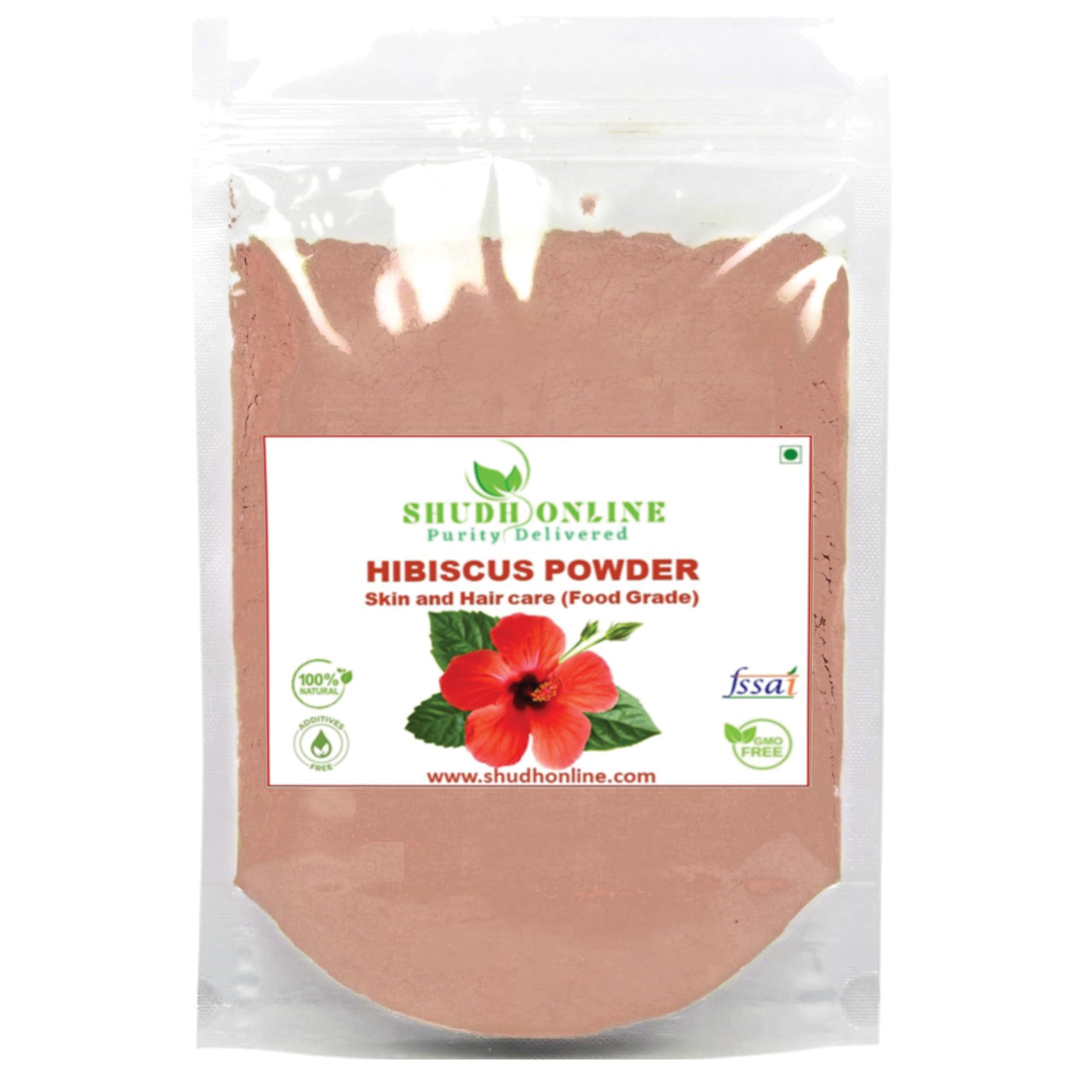 Shudh Online Organic Hibiscus Powder bottle highlights purity for hair care and recipes.