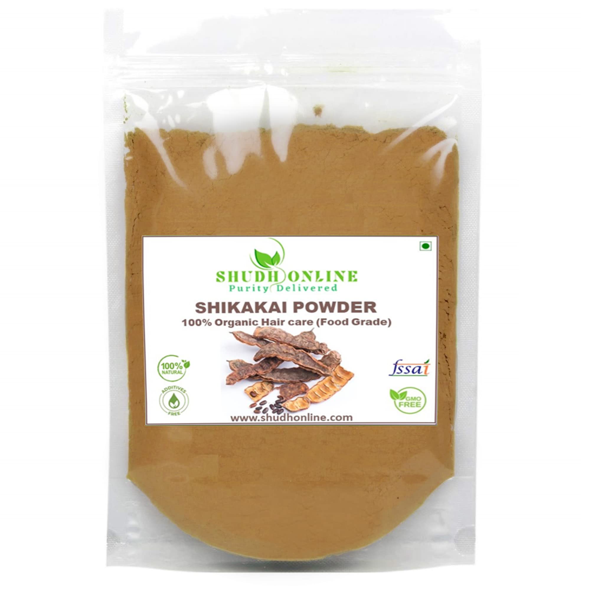 Shudh Online Organic Shikakai Powder 200g packaging close-up showing pure ingredients.