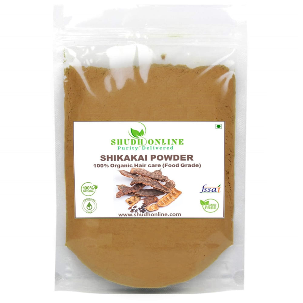 Shudh Online Organic Shikakai Powder 200g packaging close-up showing pure ingredients.