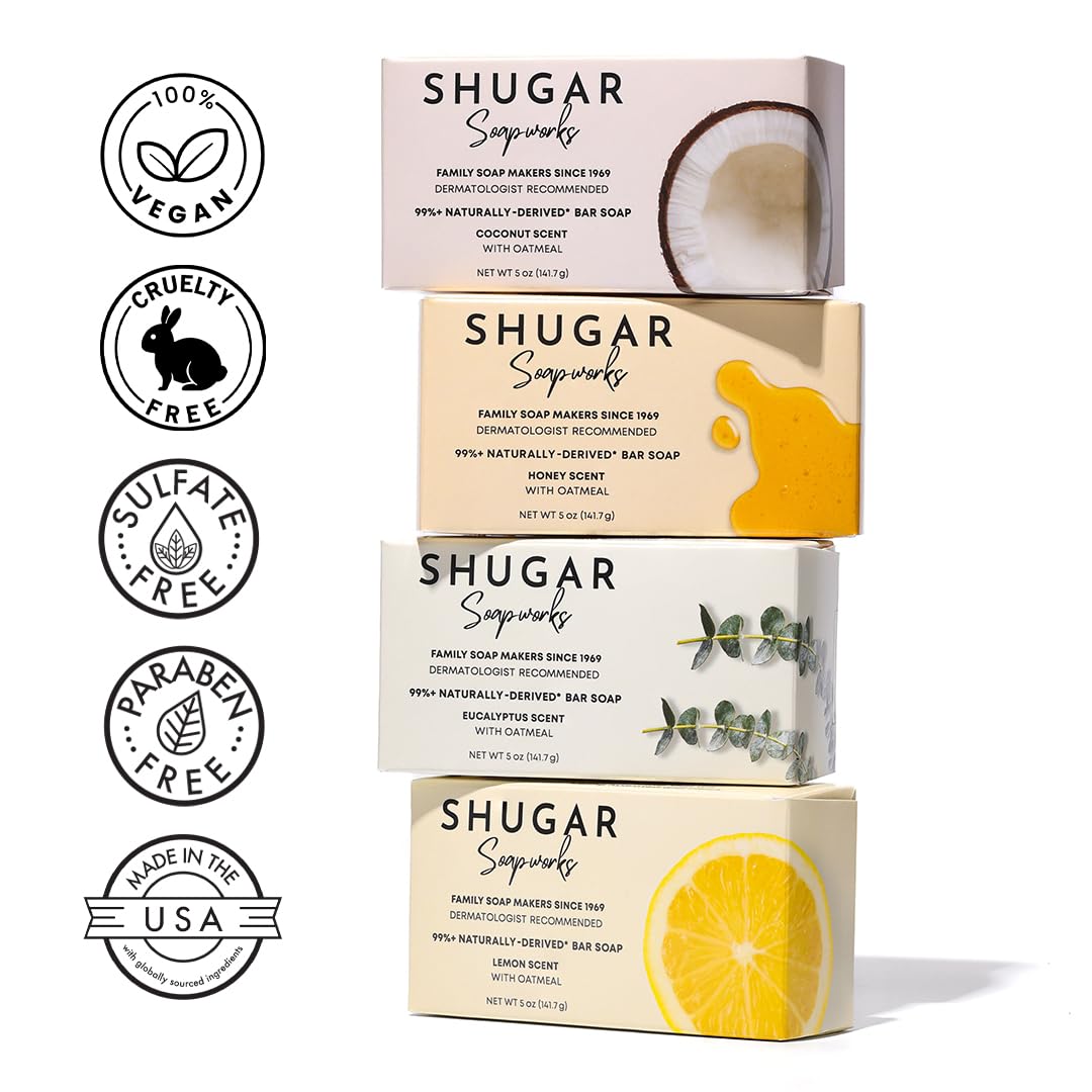 Shugar Soapworks Oatmeal & Coconut bar features finely ground oatmeal for skin comfort.