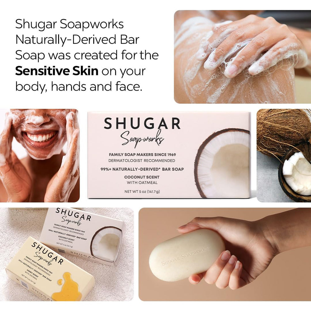 Shugar Soapworks Oatmeal & Coconut bar softens skin with a plant-based formula.