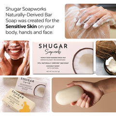 Shugar Soapworks Oatmeal & Coconut bar softens skin with a plant-based formula.