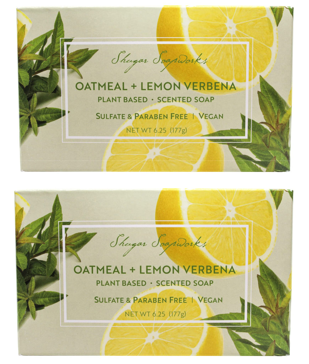 Shugar Soapworks oatmeal lemon verbena soap bar closeup showing oats and citrus aroma.