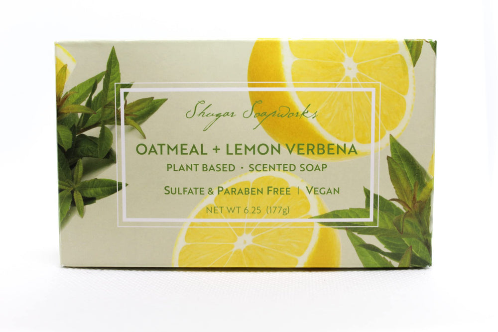 Shugar Soapworks two-pack display highlights plant-based, vegan soap with bright lemon verbena scent.