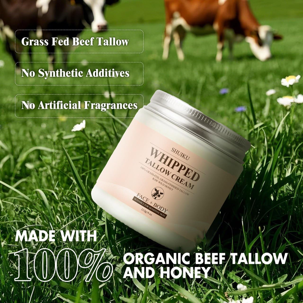 SHUIKU whipped tallow texture closeup showing creamy, quick-absorbing moisturizer