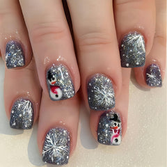 SHUXILIN black Christmas snowflake nails with glitter for festive sparkle and durability.