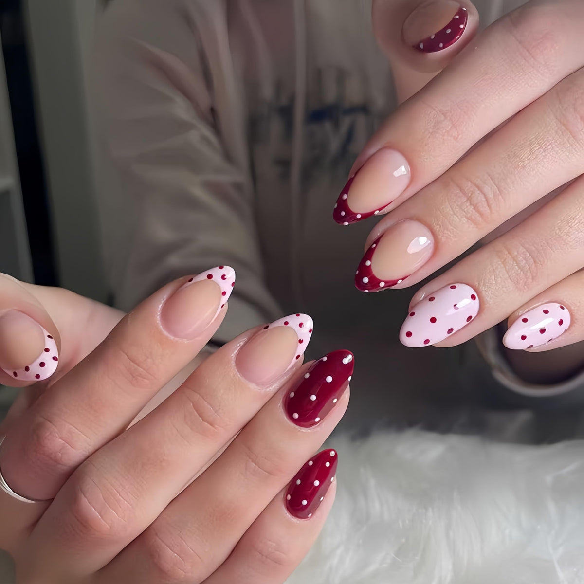 SHUXILIN red polka dot press-on nails box with 24 pieces for quick at-home manicure.