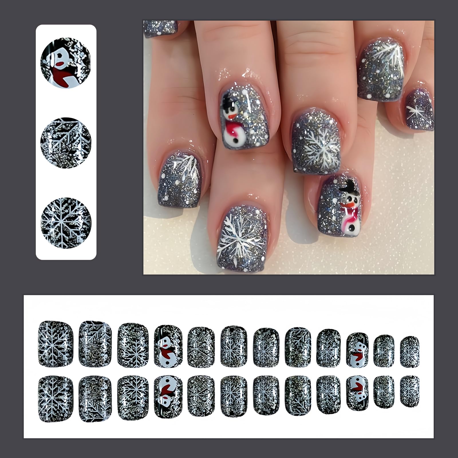 SHUXILIN snowmen design press-on nails for quick, cute holiday manicures.