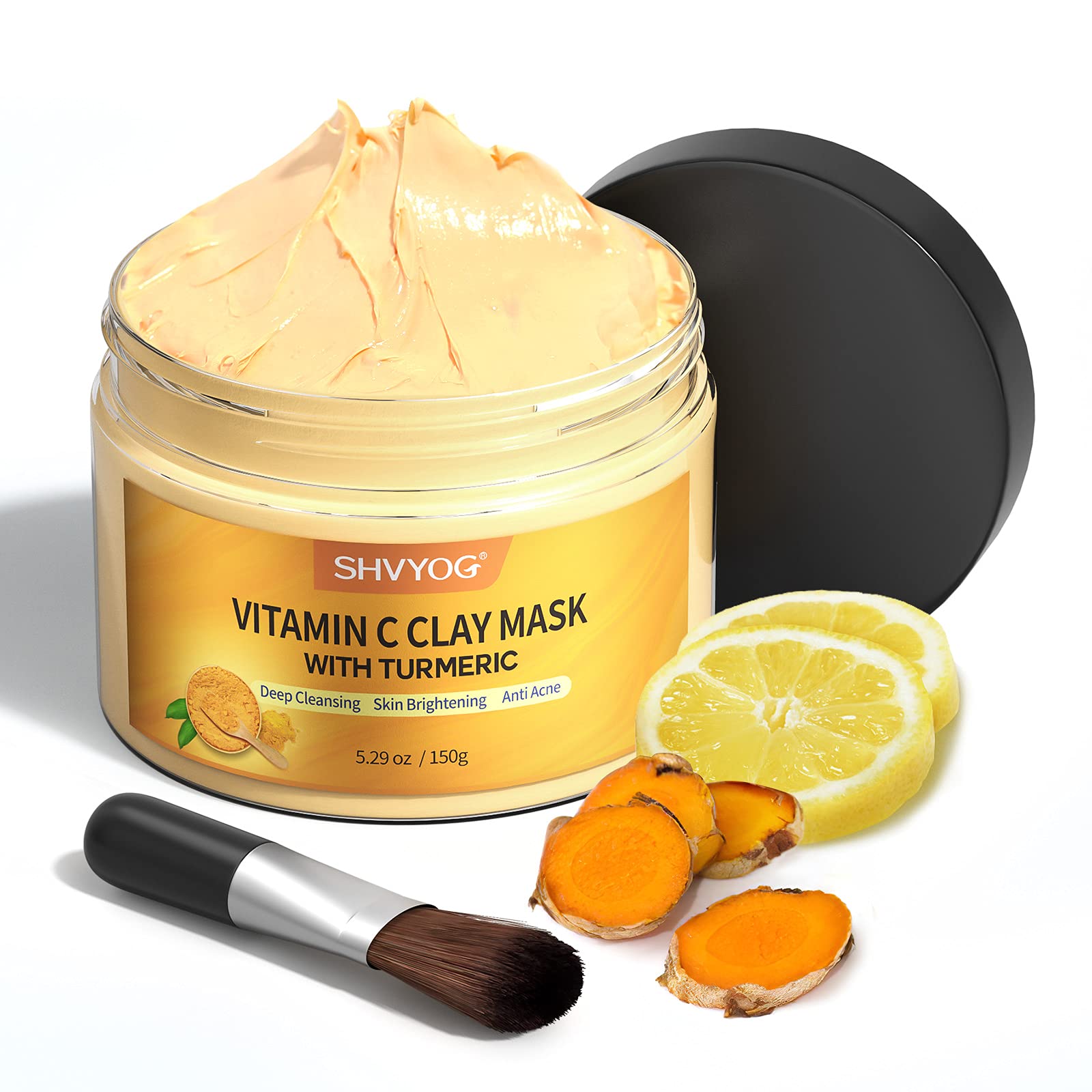 SHVYOG turmeric vitamin C clay mask jar shown to boost radiance.