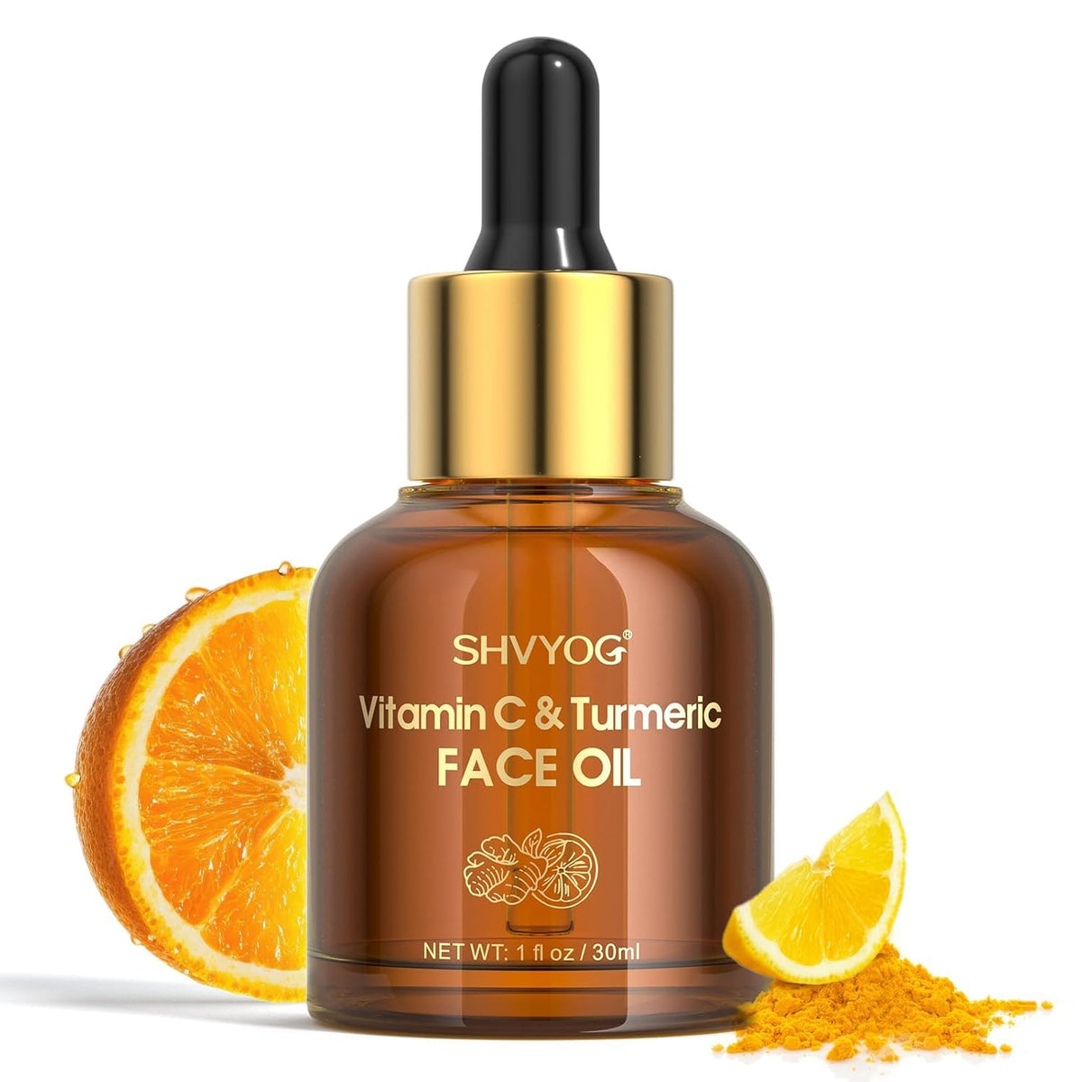 SHVYOG Vitamin C Turmeric Face Oil bottle shows a lightweight, nourishing formula
