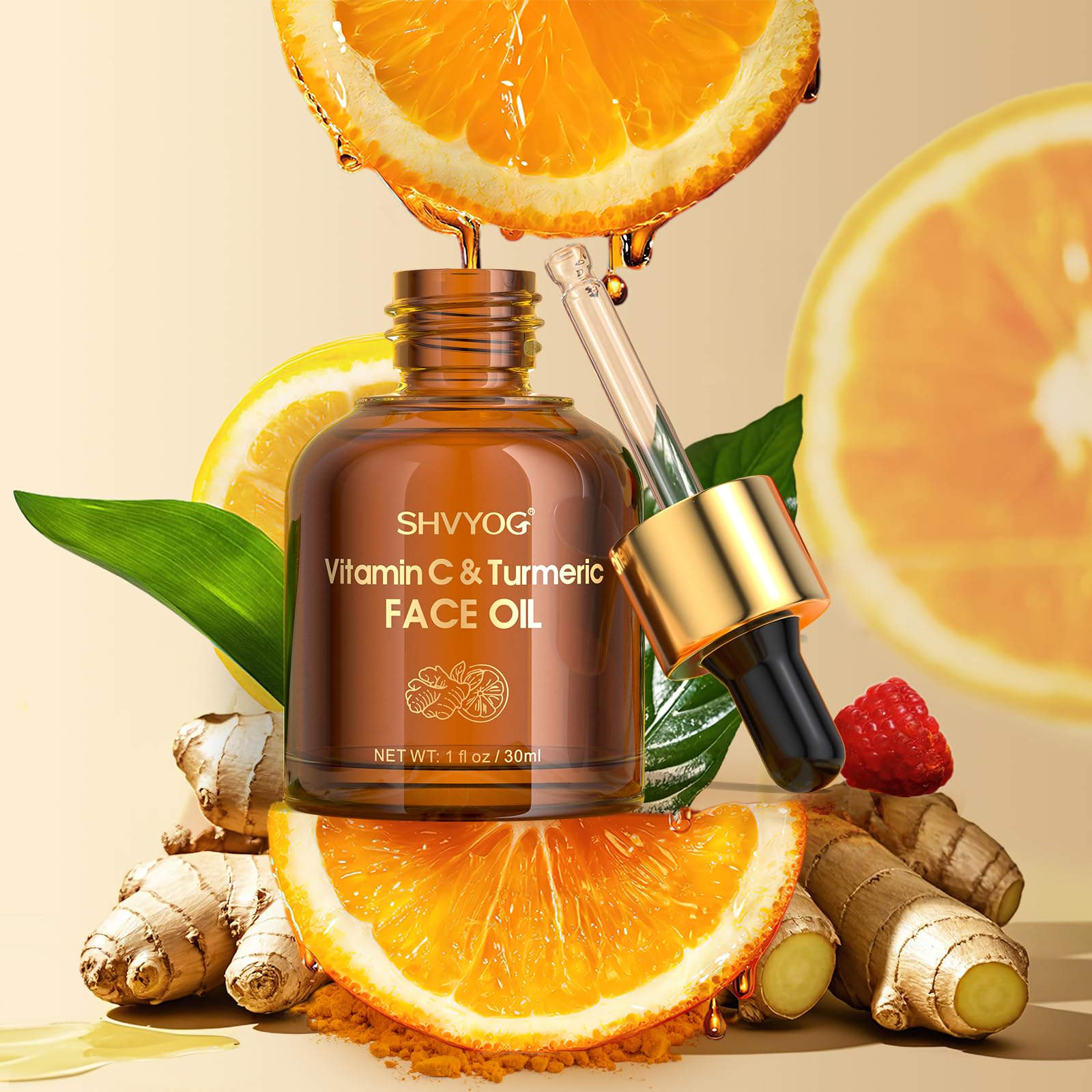 Close-up of SHVYOG Vitamin C Turmeric Face Oil dropper for precise use