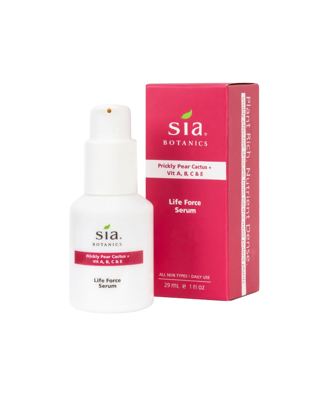 Sia Botanics Life Force Serum bottle—porcelain, hydrates and nourishes with prickly pear and aloe