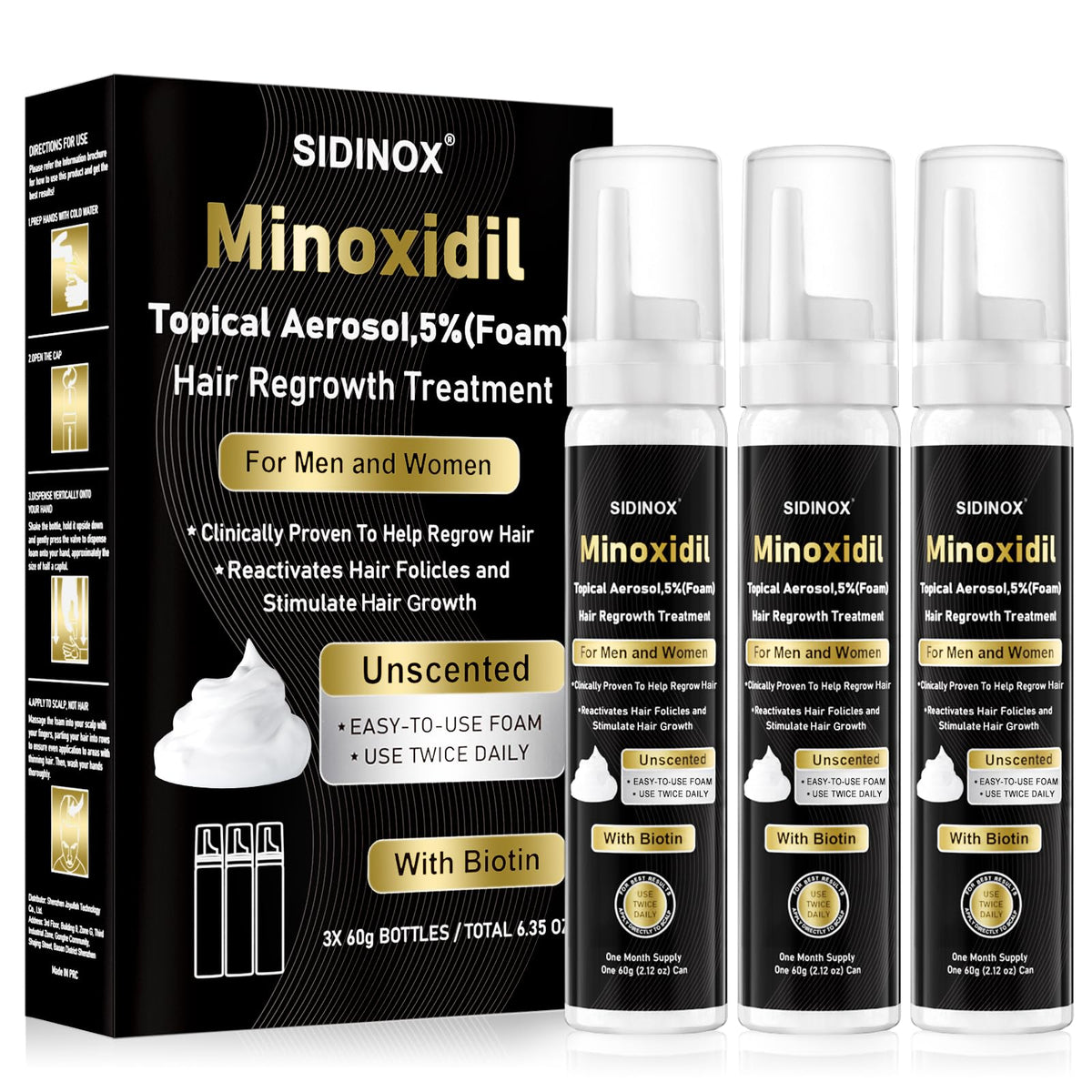 Sidinox 5% minoxidil foam bottle for scalp regrowth support.