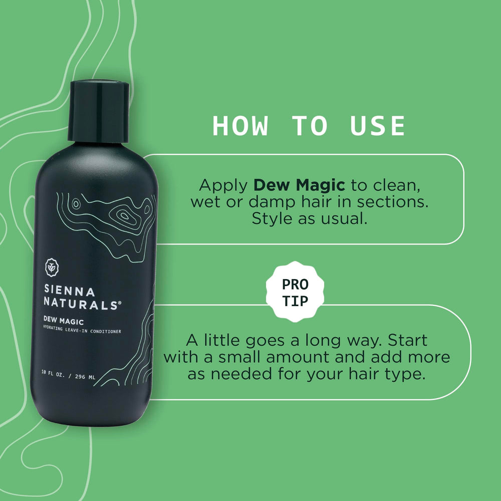 Sienna Naturals Dew Magic Leave-In packaging front highlighting vegan, cruelty-free formula.