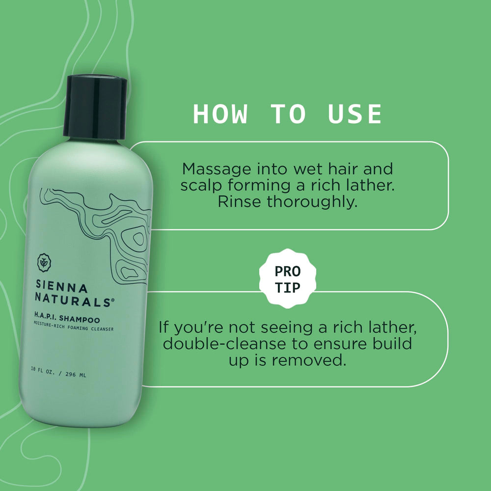 Sienna Naturals HAPI Shampoo scalp-detox cleanses buildup while refreshing the scalp and hair