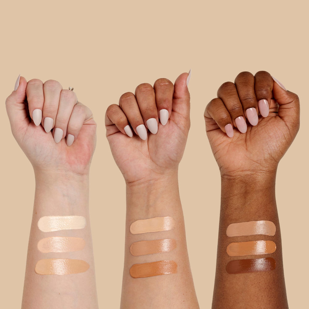 Sigma Beauty Skin Perfector five dark golden swatches for shade matching.