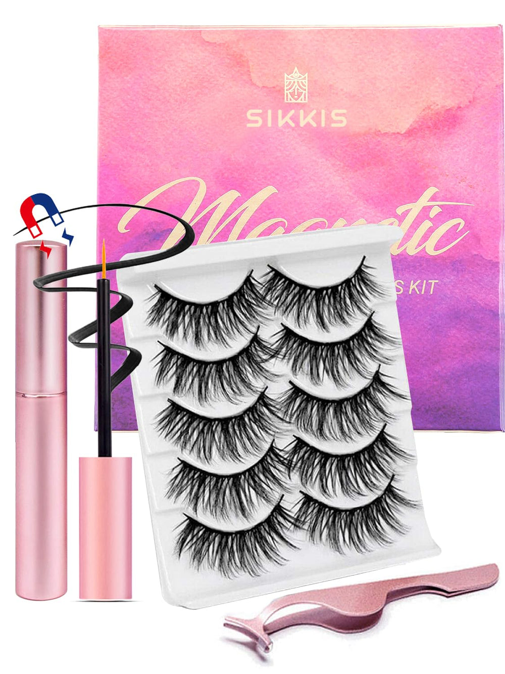 Sikkis magnetic eyelash kit with natural mink-look lashes and eyeliner for easy wear.