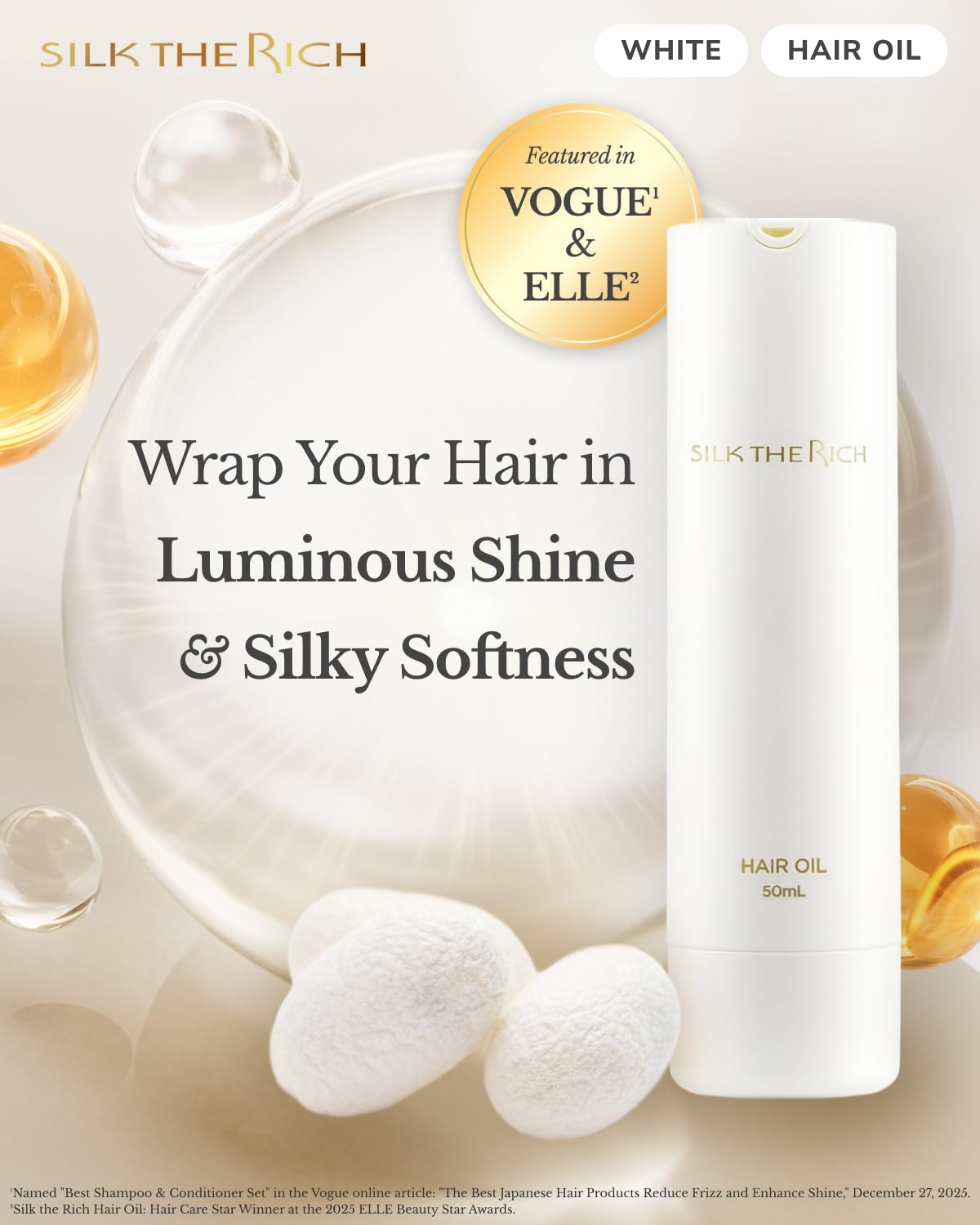 SILK THE RICH hair oil pump application for easy, mess-free styling.