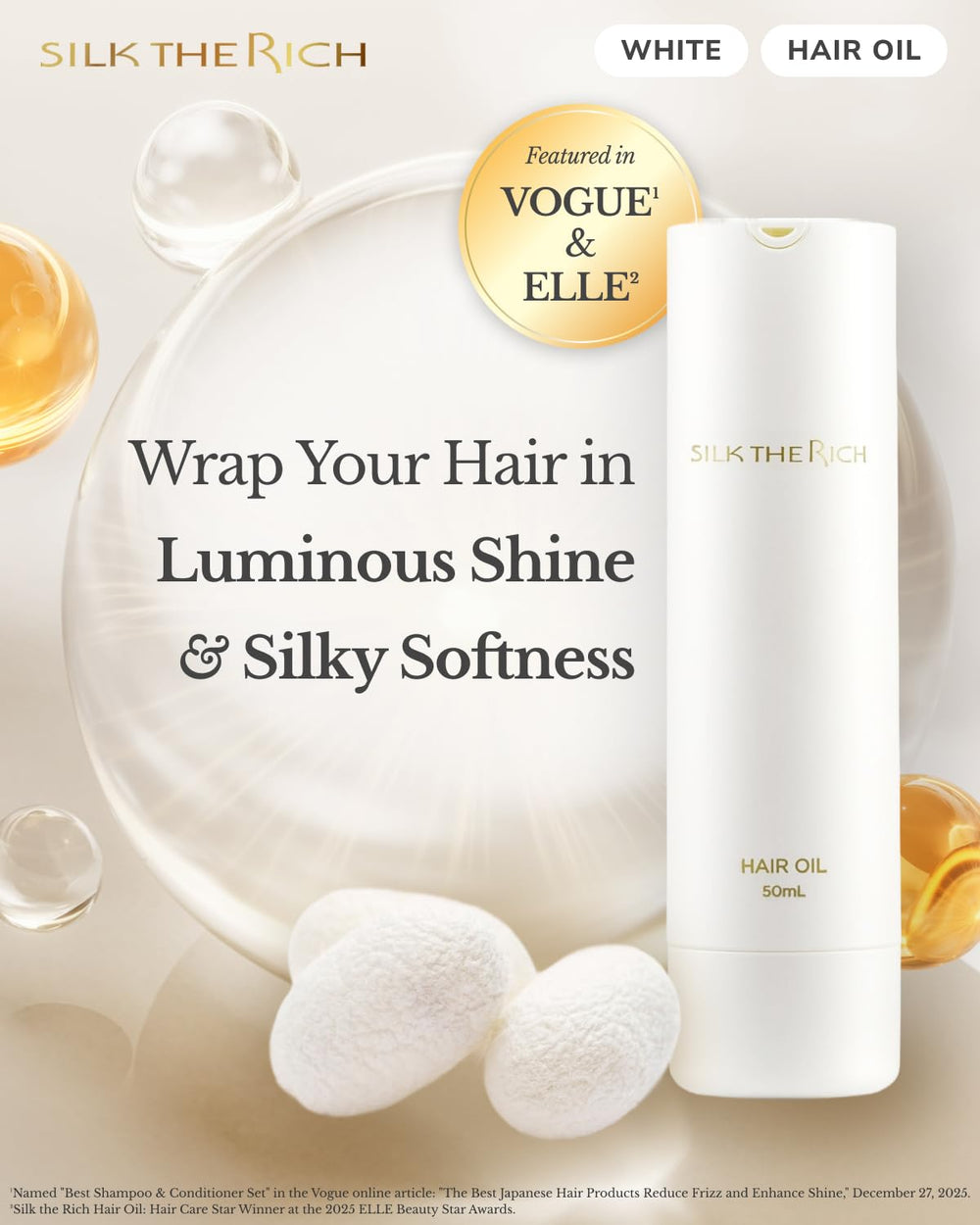 SILK THE RICH hair oil pump application for easy, mess-free styling.