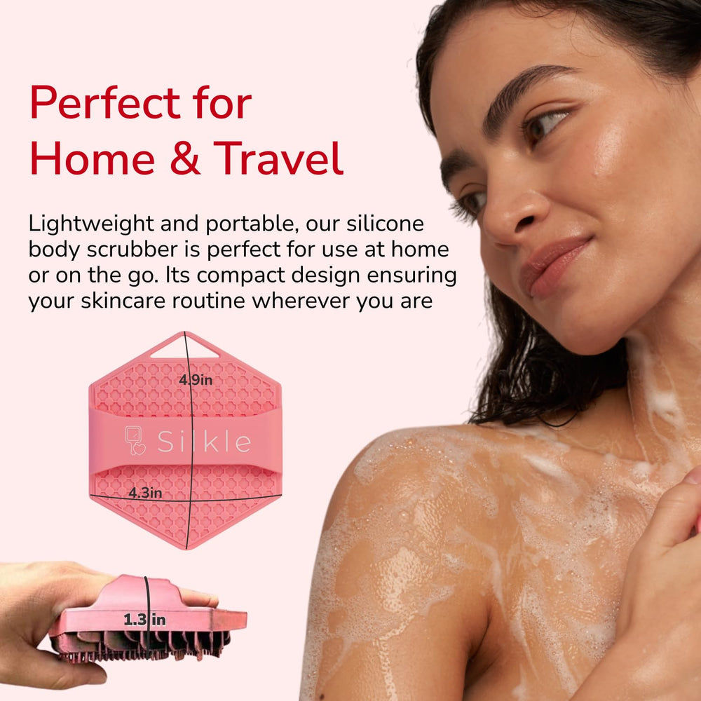 SILKLE compact silicone scrubber for travel fits easily in a toiletry bag.