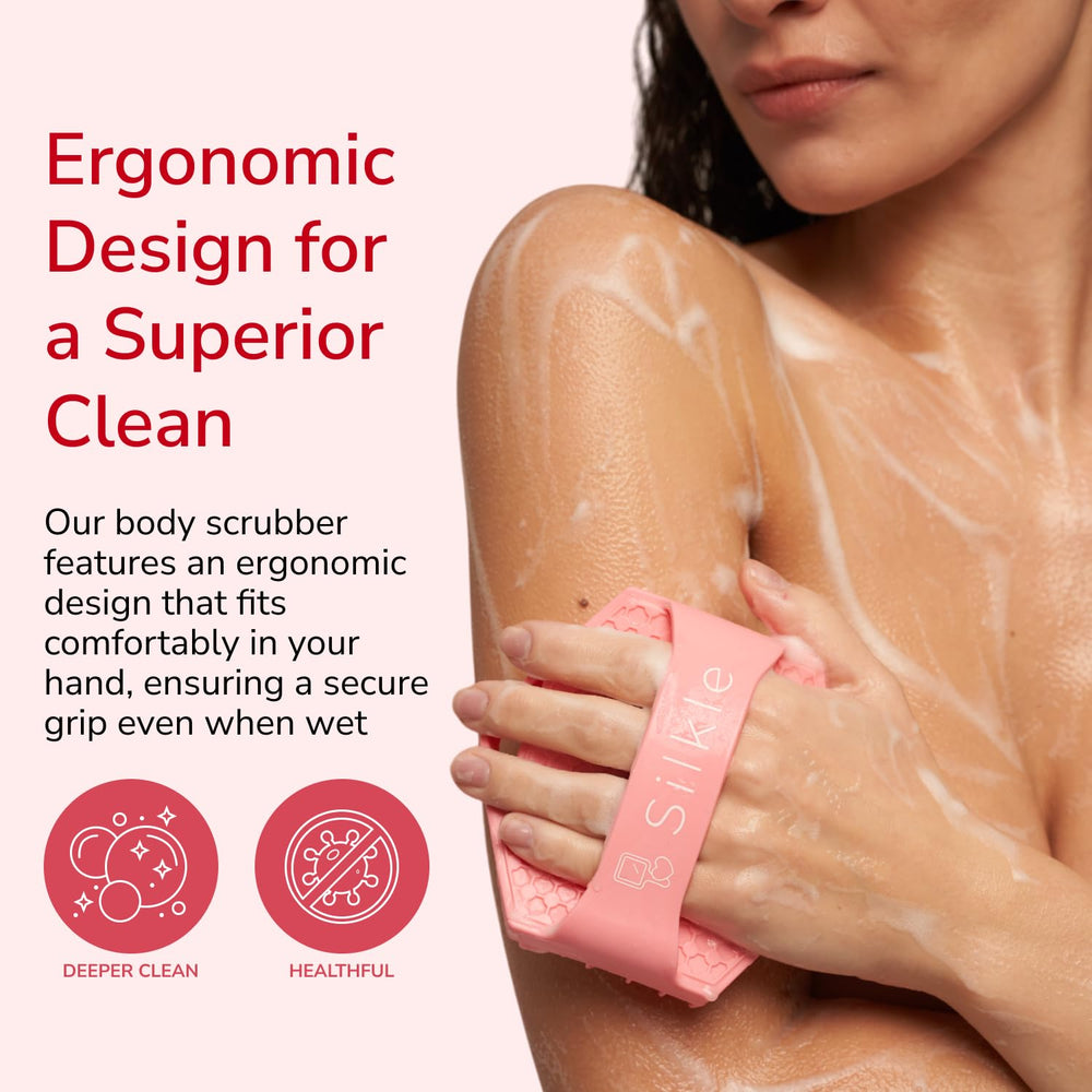 SILKLE silicone body scrubber offers a secure grip for easy, controlled cleansing.