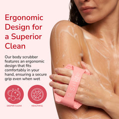 SILKLE silicone body scrubber offers a secure grip for easy, controlled cleansing.