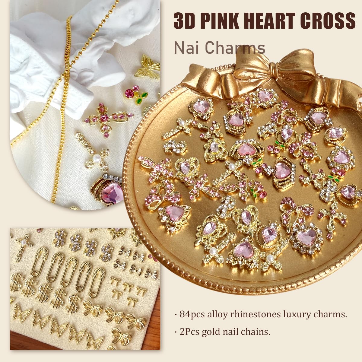 SilkRoselw 3D pink cross nail charm enhances Y2K-inspired nail art.