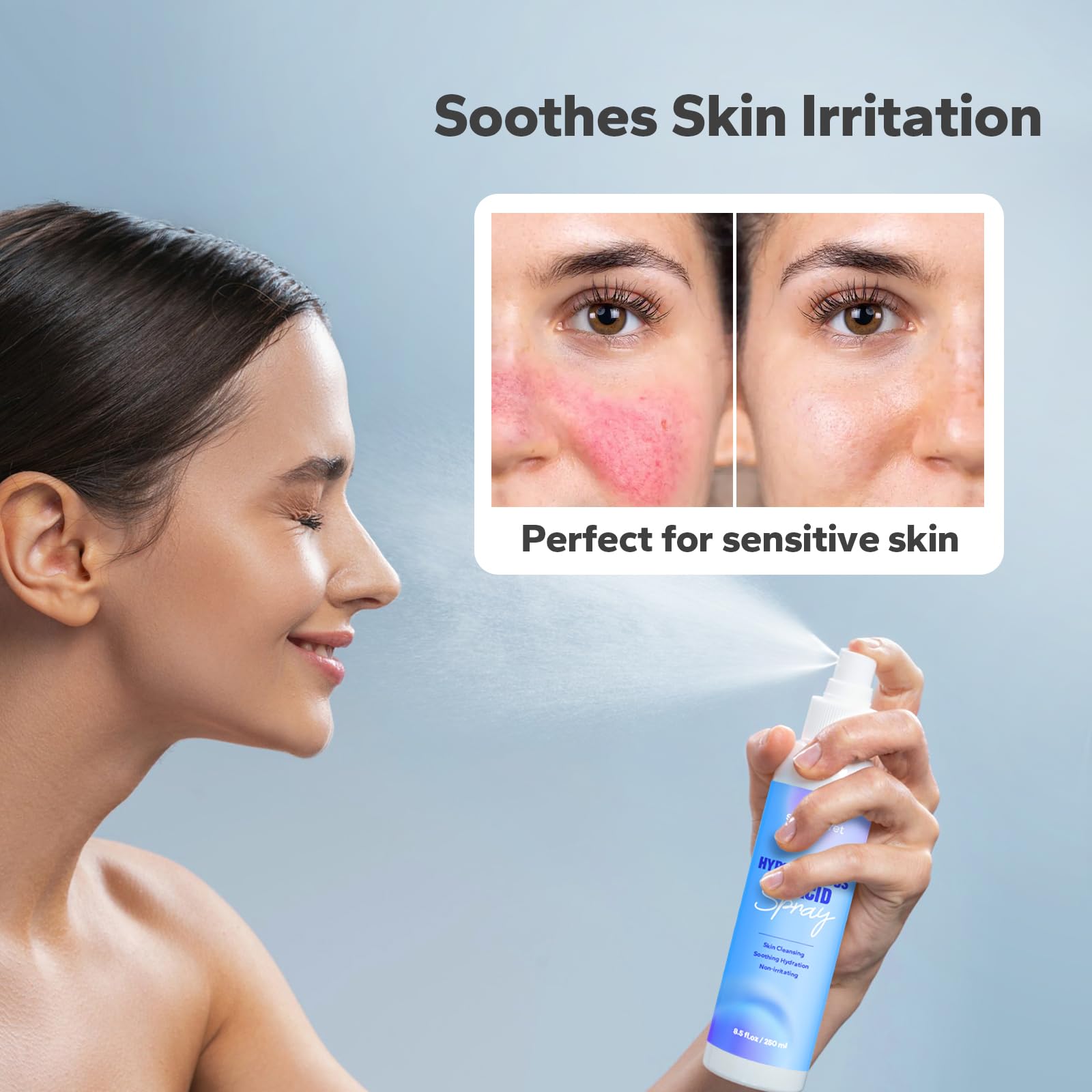 SilkySecret face cleansing mist application demonstrates gentle cleansing for sensitive skin