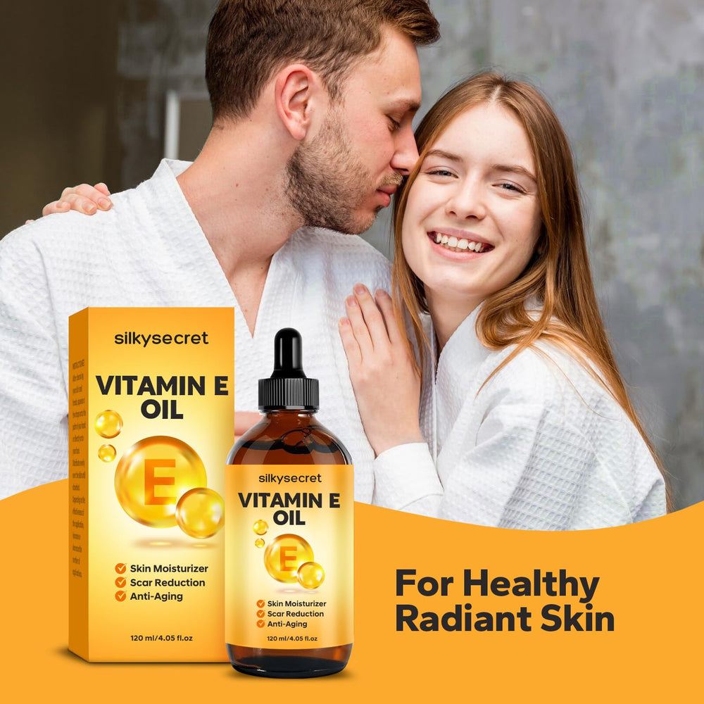 SilkySecret Organic Vitamin E Oil packaging with pump bottle ready for use