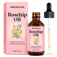 SilkySecret Rosehip Oil bottle front showing lightweight hydration for radiant skin.