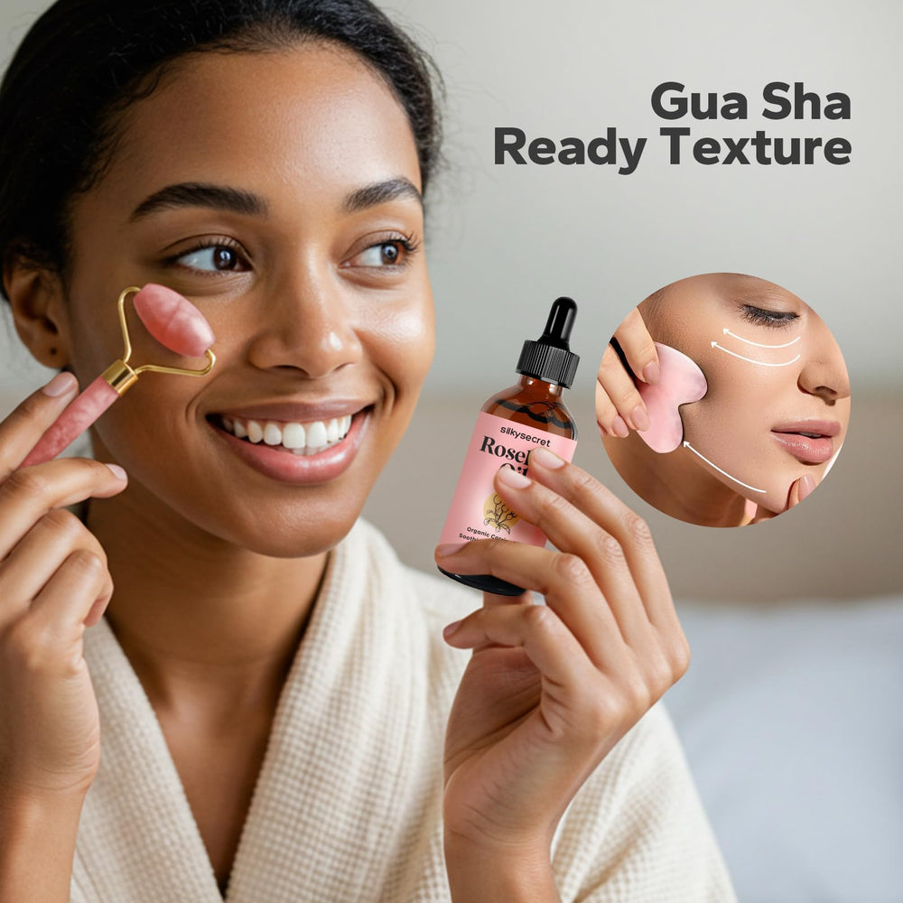 SilkySecret Rosehip Oil on skin delivering a balanced glow and hydration.