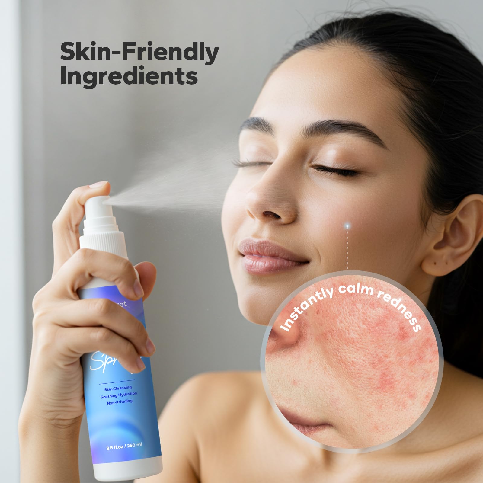 SilkySecret spray near eyes shows safe use on delicate areas