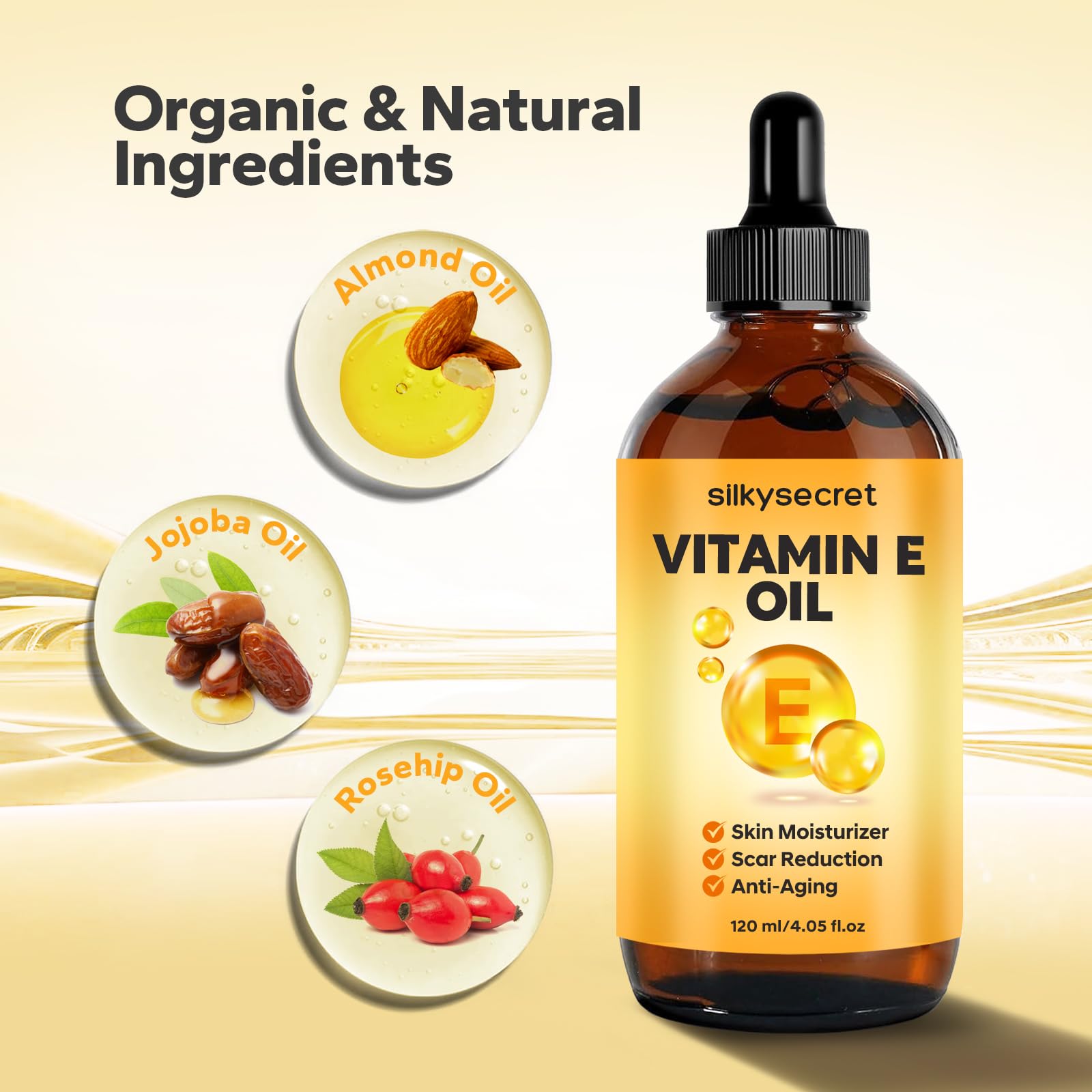SilkySecret Vitamin E Oil ingredients label highlights jojoba and almond oils