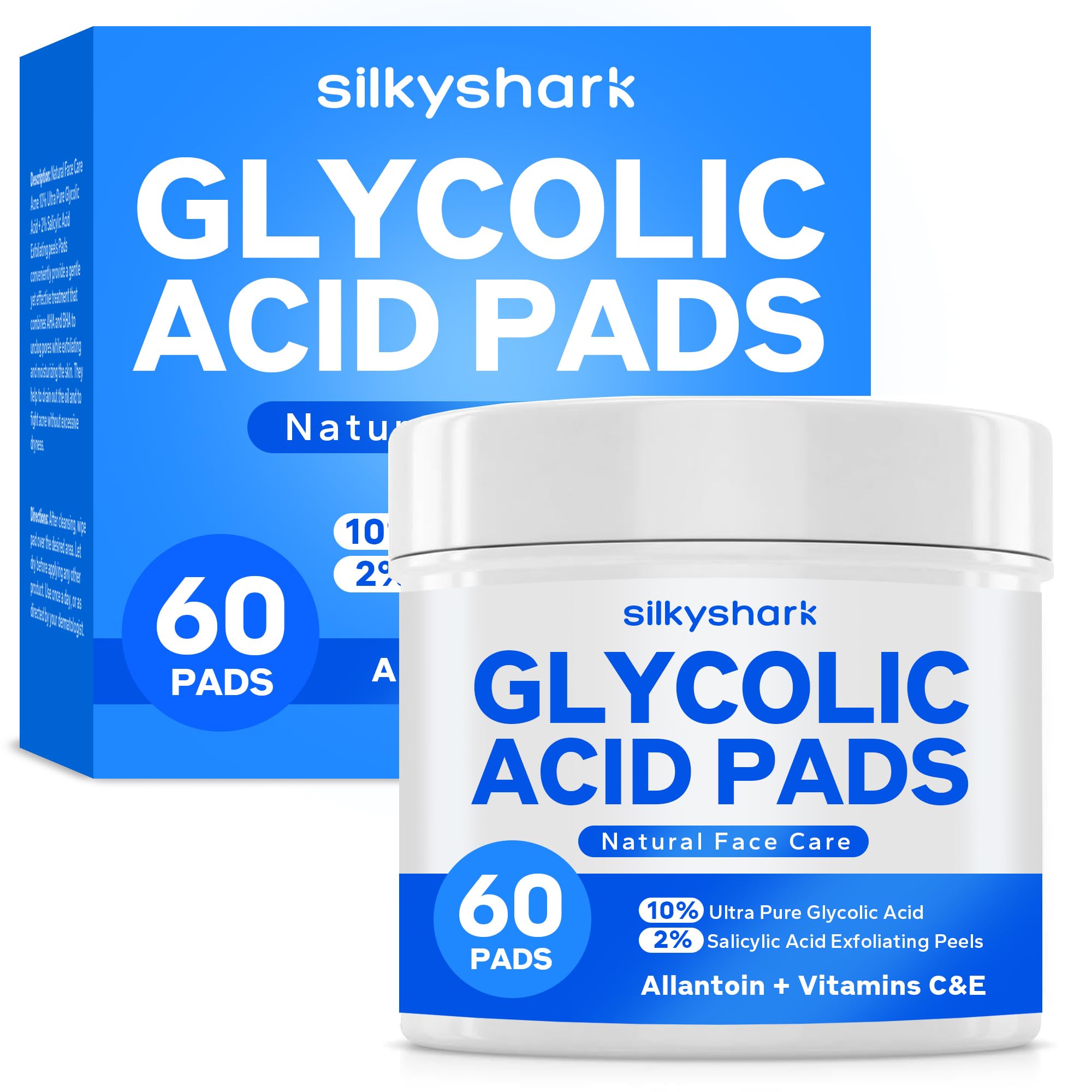 SilkyShark Glycolic Acid Resurfacing Pads jar close-up for gentle exfoliation.