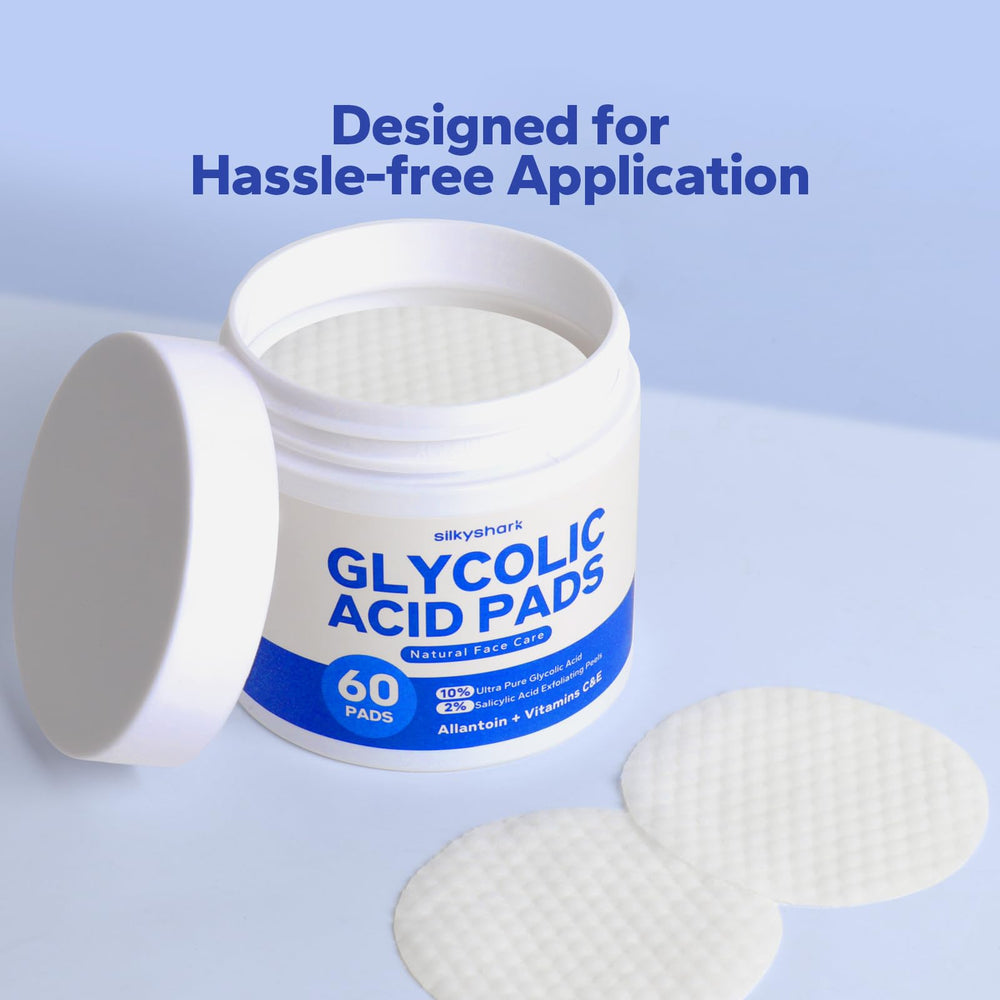 Product packaging display emphasizing 60 pads for radiant renewal with SilkyShark.
