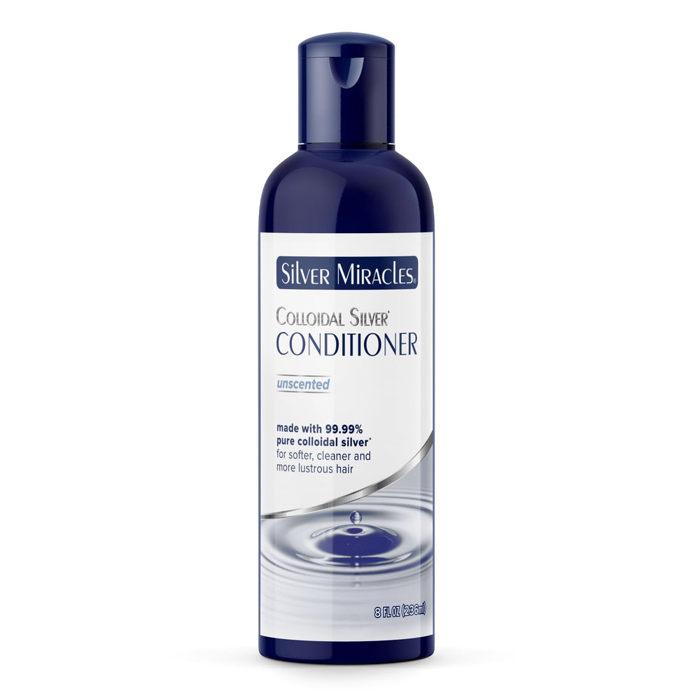 Silver Miracles Colloidal Silver Conditioner bottle close-up with fragrance-free formula for sensitive scalps