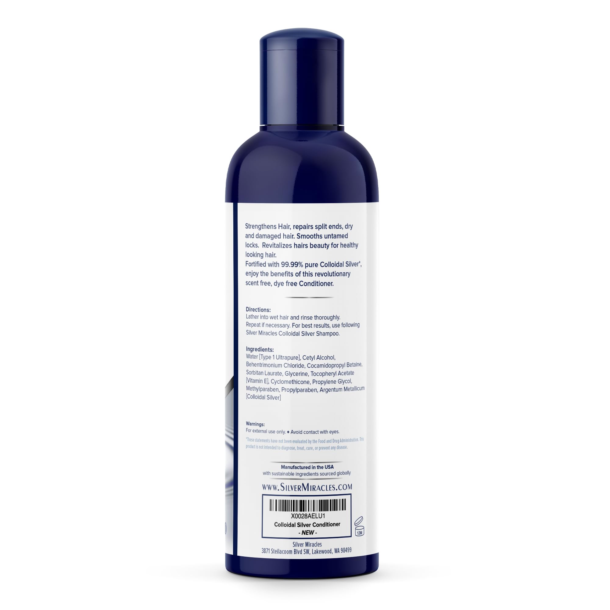 Silver Miracles conditioner label close-up highlighting 99.99% pure silver for nourishing hair