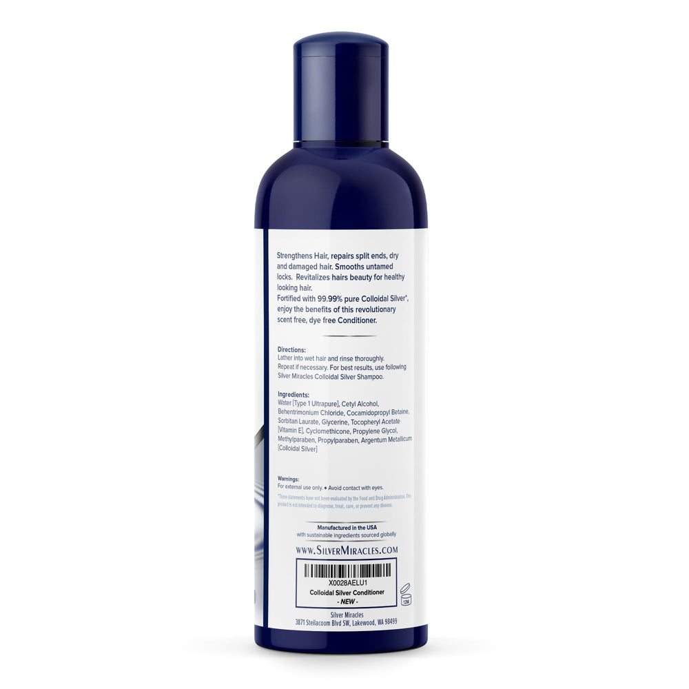 Silver Miracles conditioner label close-up highlighting 99.99% pure silver for nourishing hair