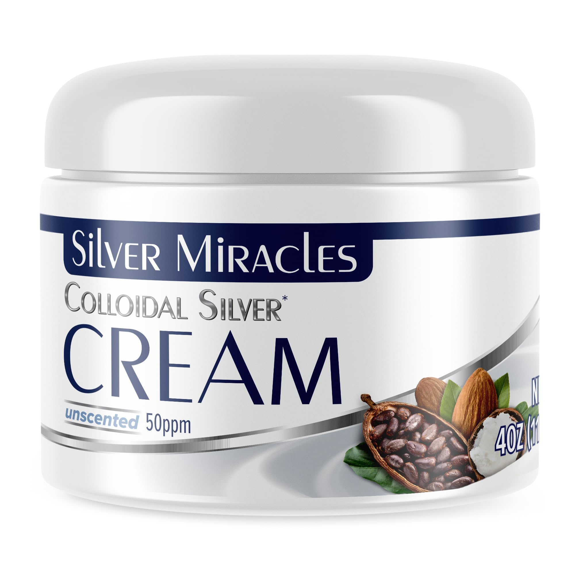 Silver Miracles Colloidal Silver Cream bottle highlights fragrance-free skin care.
