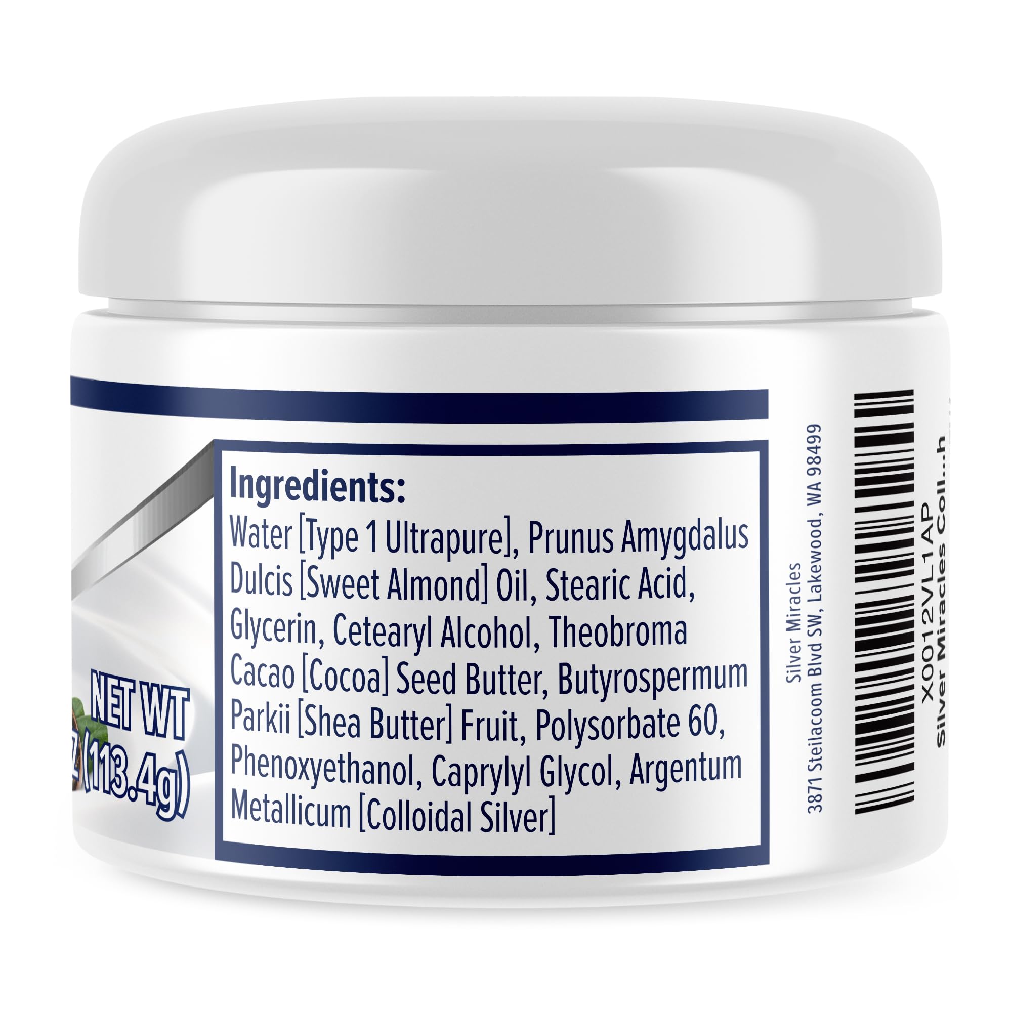 Silver Miracles Colloidal Silver Cream jar shows rich moisturizing texture.