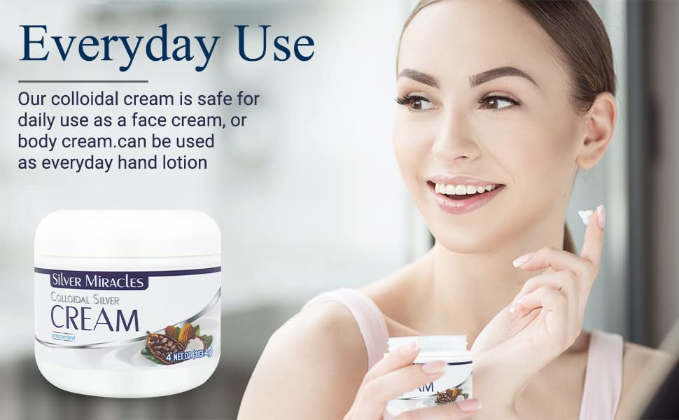 Packaging and ingredients of Silver Miracles Colloidal Silver Cream, clean sourcing.