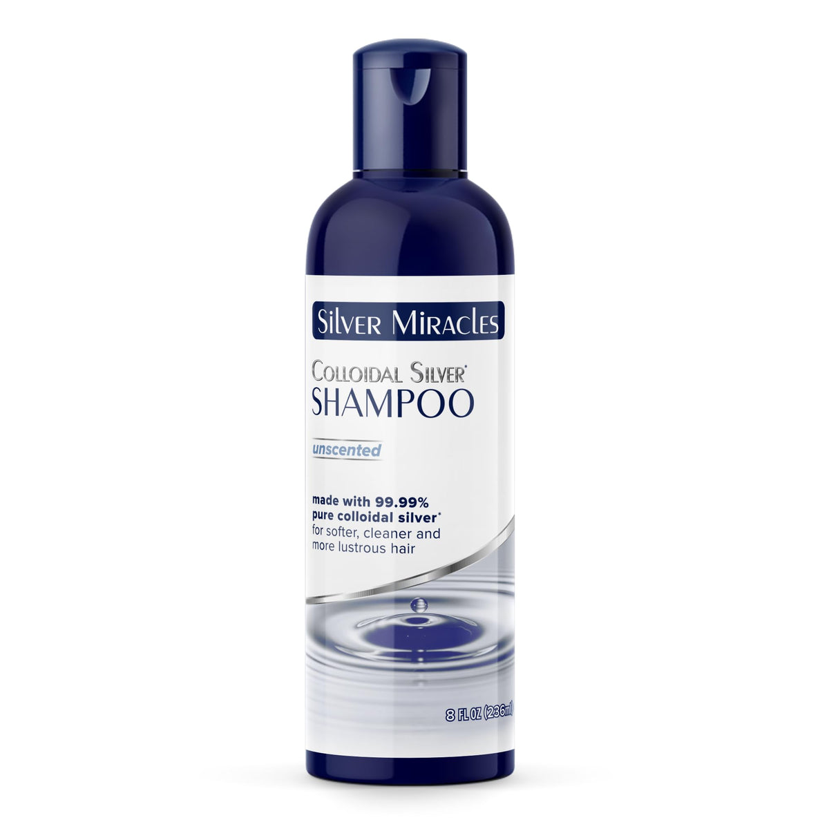 Silver Miracles Colloidal Silver Shampoo Unscented bottle offers gentle cleansing for delicate scalps.