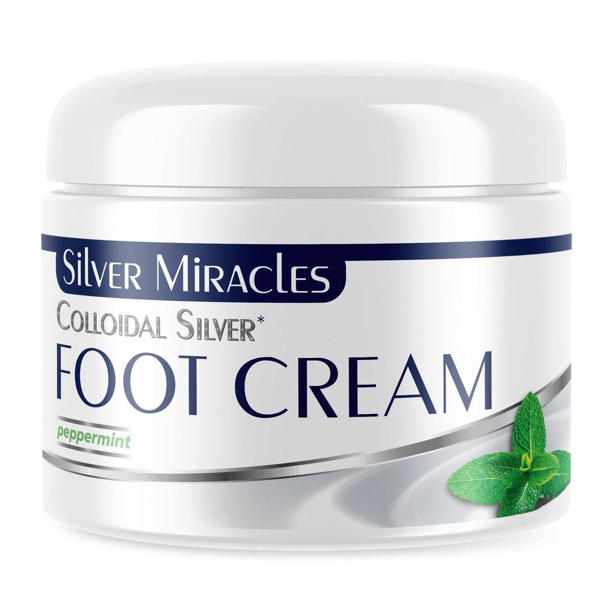 Silver Miracles peppermint foot cream jar showing soothing hydration and refreshing scent