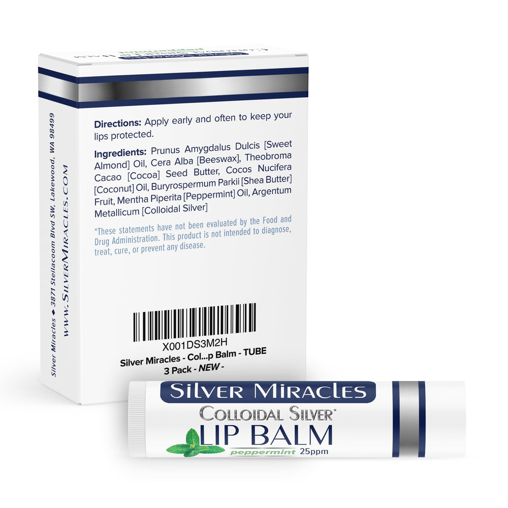 Silver Miracles lip balm 3-pack for home, purse, and office provides convenient moisture.