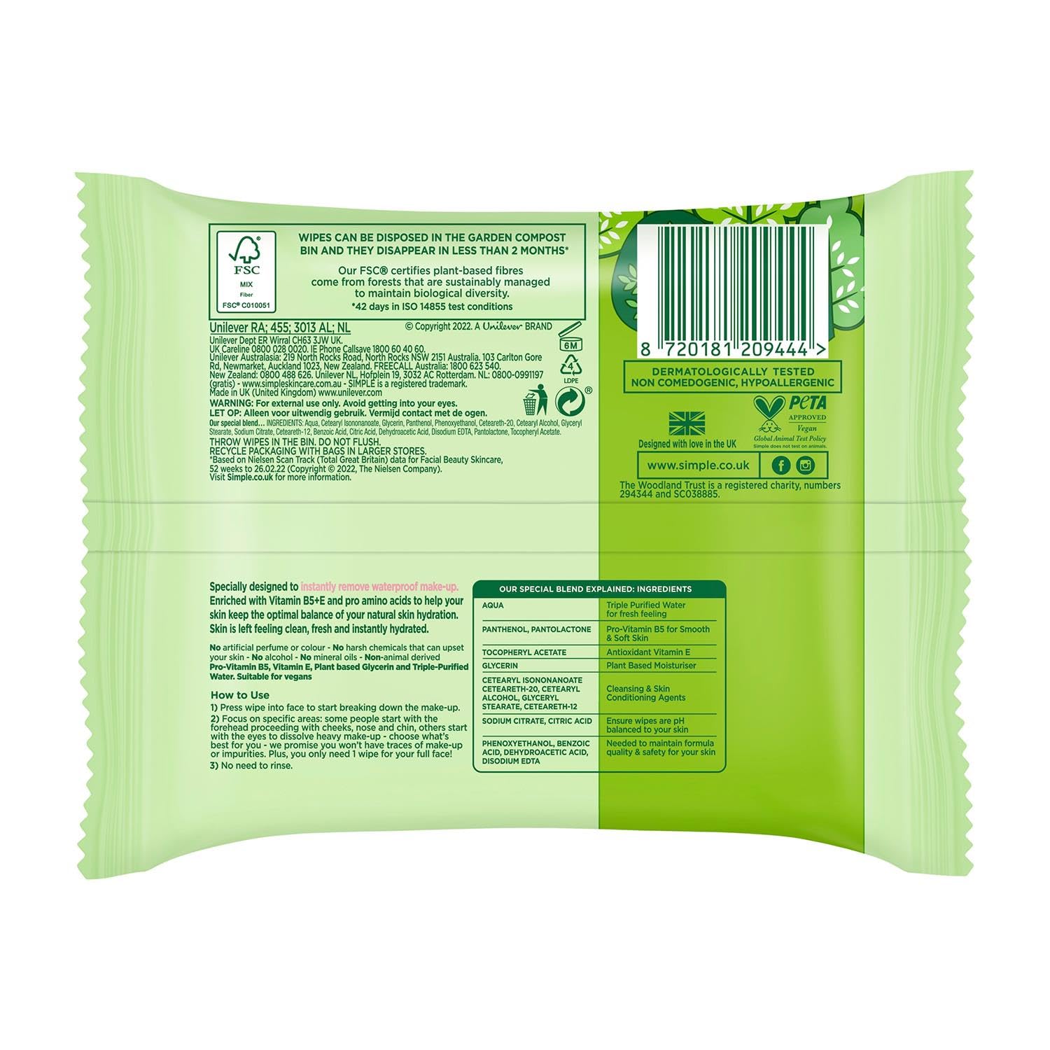 Simple Kind To Skin 25 wipes hands removal close-up for quick refresh.