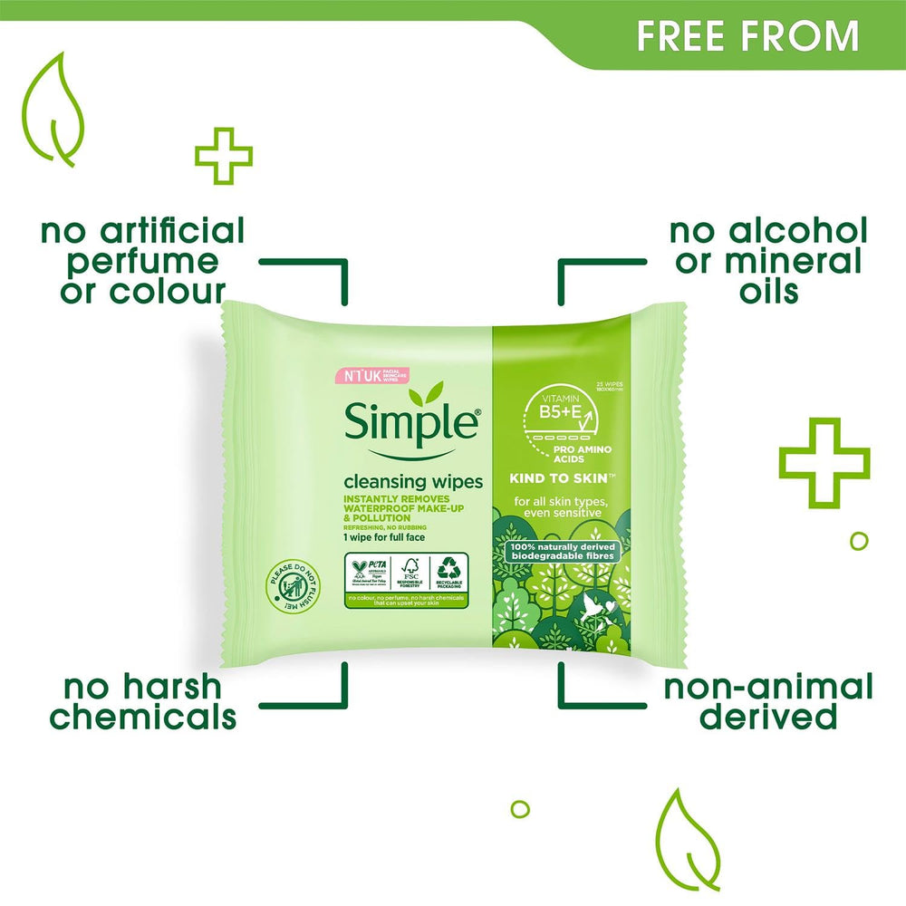 Simple Kind To Skin 25 wipes applied on face in-use shot.