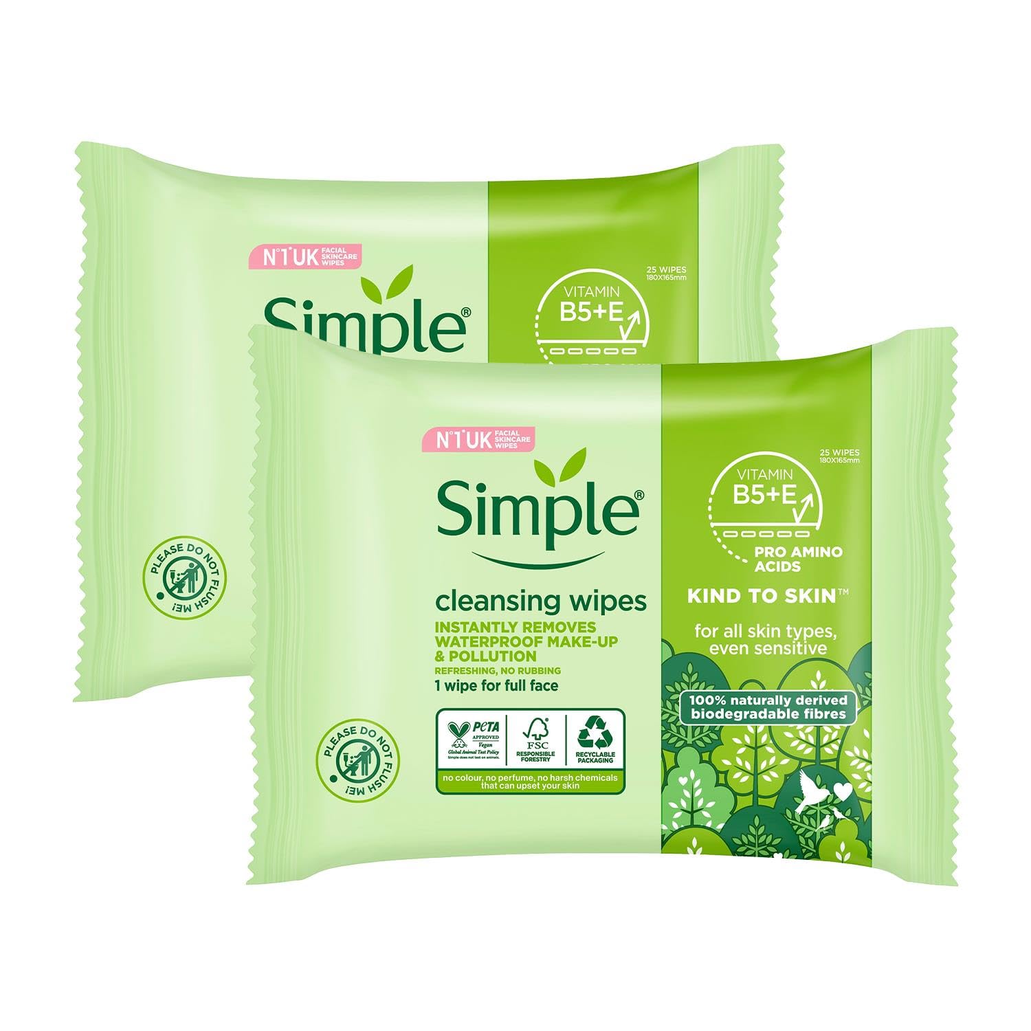 Simple Kind To Skin 25 wipes pack shot for on-the-go cleansing.