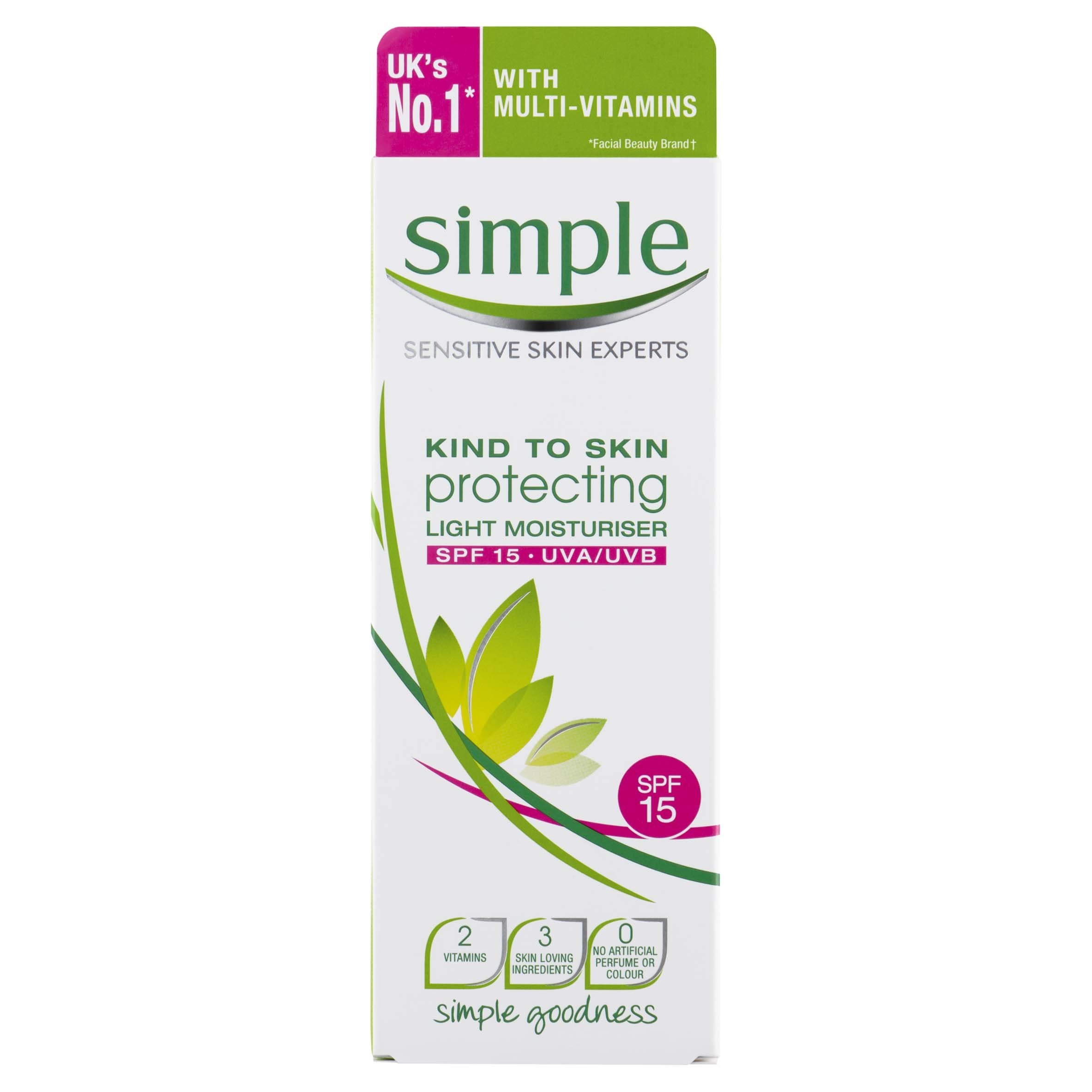 Simple Kind to Skin Protecting Light Moisturiser SPF 15 bottle for daily hydration and environmental protection