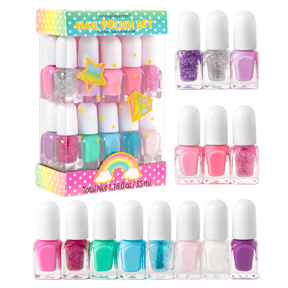 SIMPLE PLEASURES unicorn glitter nail polish set with 14 colors for fun, kid-friendly manicures.