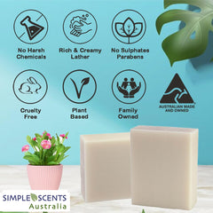 Simple Scents Australia goat milk soap bars triple milled close-up; smooth lather.